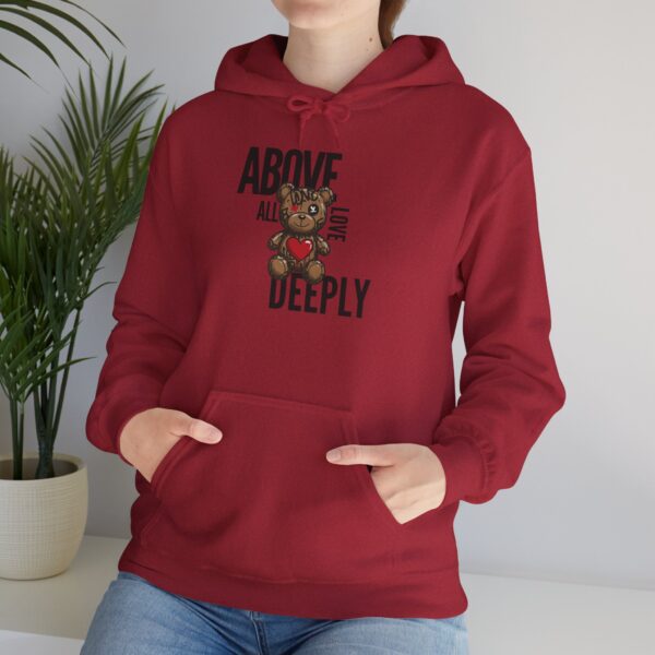 "Above All Love Deeply Sweatshirt – Inspirational Teddy Bear Graphic | 1 Peter 4:8 Bible Verse | Streetwear Faith Fashion" - Image 5