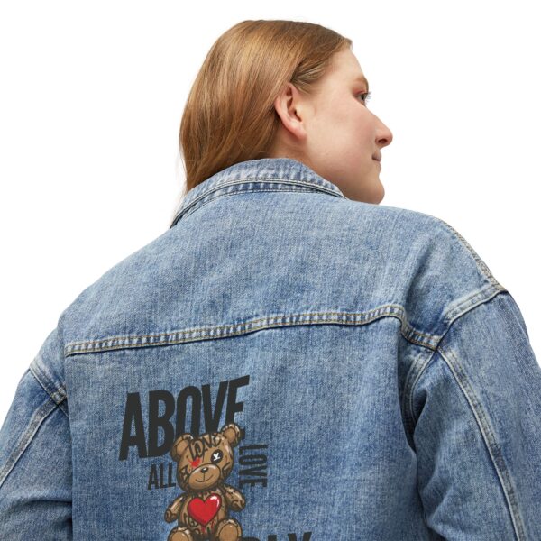 “Above All Love Deeply Jean Jacket– Inspirational Teddy Bear Graphic | 1 Peter 4:8 Bible Verse | Streetwear Faith Fashion” - Image 4