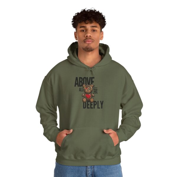 "Above All Love Deeply Sweatshirt – Inspirational Teddy Bear Graphic | 1 Peter 4:8 Bible Verse | Streetwear Faith Fashion" - Image 3