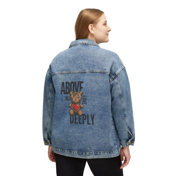 “Above All Love Deeply Jean Jacket– Inspirational Teddy Bear Graphic | 1 Peter 4:8 Bible Verse | Streetwear Faith Fashion” - Image 3