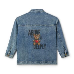 “Above All Love Deeply Jean Jacket– Inspirational Teddy Bear Graphic | 1 Peter 4:8 Bible Verse | Streetwear Faith Fashion”